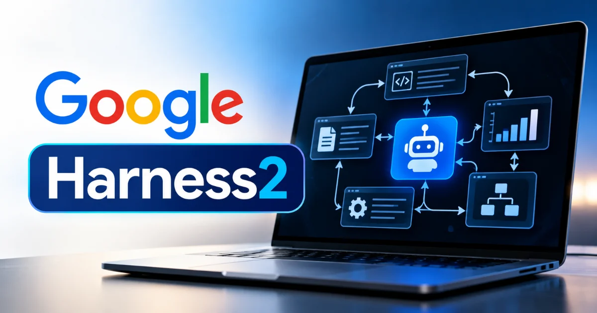 Google Harness2 framework for building recursive AI agents, featuring a laptop displaying interconnected agent workflows, coding tools, automation controls, and performance analytics.
