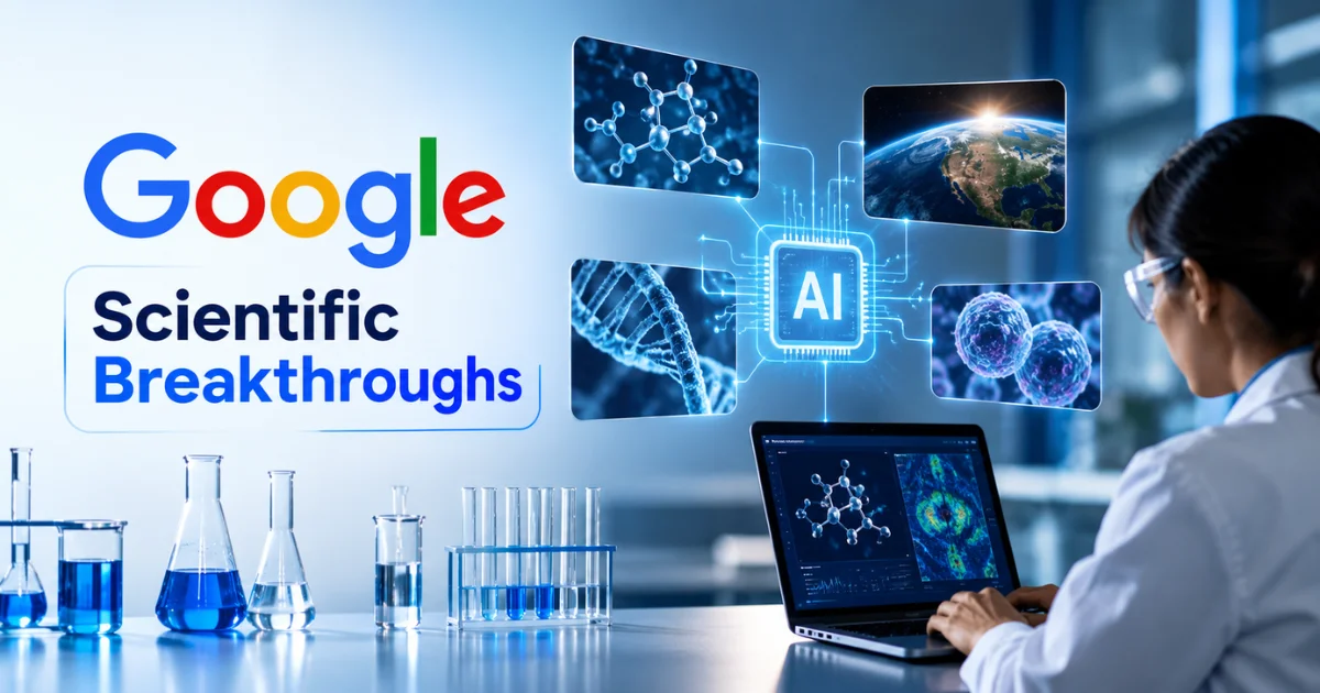Google uses AI to accelerate scientific breakthroughs in molecular research, DNA analysis, space exploration, and cellular biology, with a scientist examining digital data.