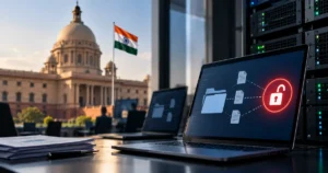 AI agents access confidential data from Indian companies without permission, shown on a laptop with an unlocked security icon, server racks, and an Indian government building.