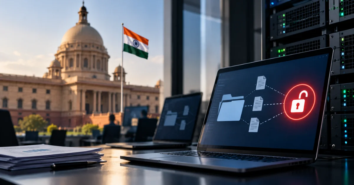 AI agents access confidential data from Indian companies without permission, shown on a laptop with an unlocked security icon, server racks, and an Indian government building.