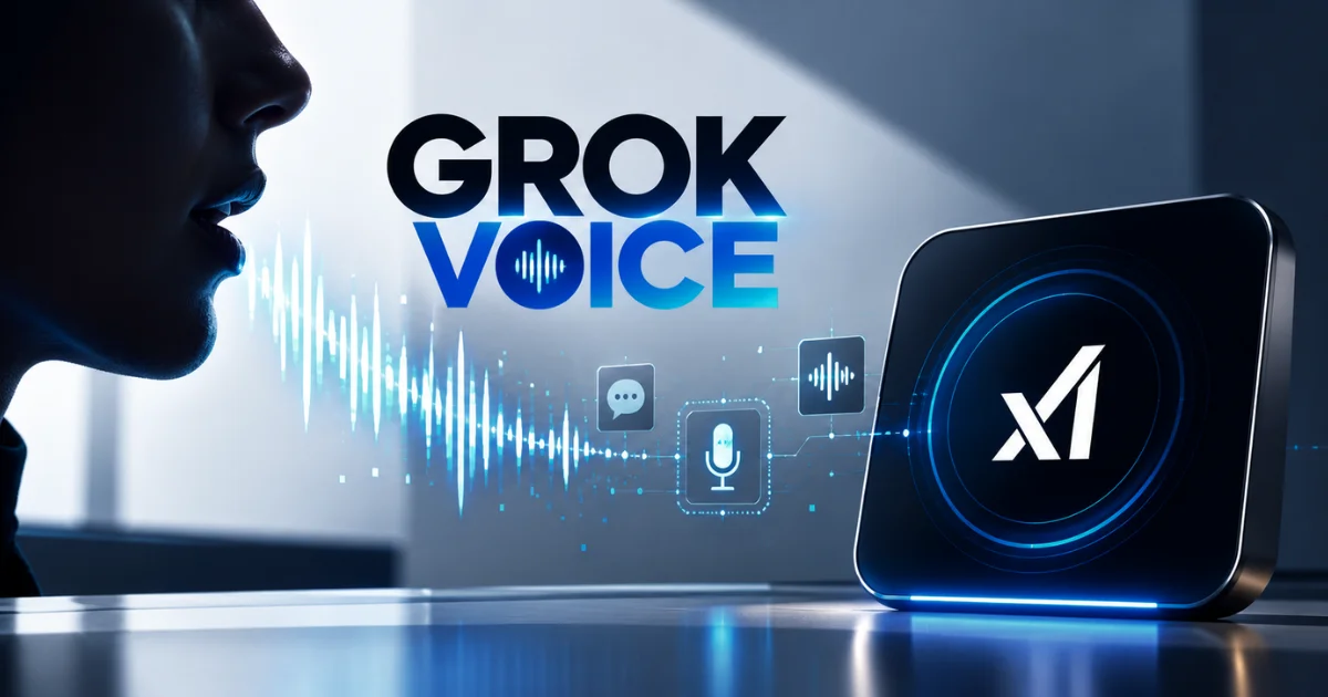 Grok Voice 3.0 by xAI featuring voice recognition, audio waveforms, a digital microphone, and an illuminated AI interface.