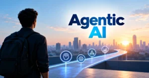 Agentic AI concept showing a person overlooking a city skyline at sunrise, with a glowing pathway and icons representing autonomous AI reasoning, automation, workflows, and analytics.