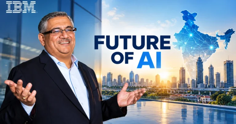 IBM India MD highlights India’s opportunity to shape the future of AI, featuring an IBM executive, the company’s logo, and India Gate in New Delhi.