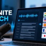 IBM Granite Speech model converts audio into text across multiple languages, featuring a studio microphone, audio waveform, and multilingual transcription interface.