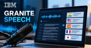 IBM Granite Speech model converts audio into text across multiple languages, featuring a studio microphone, audio waveform, and multilingual transcription interface.