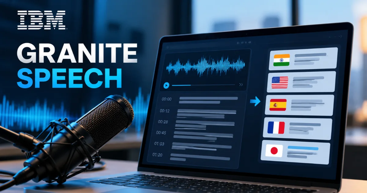 IBM Granite Speech model converts audio into text across multiple languages, featuring a studio microphone, audio waveform, and multilingual transcription interface.