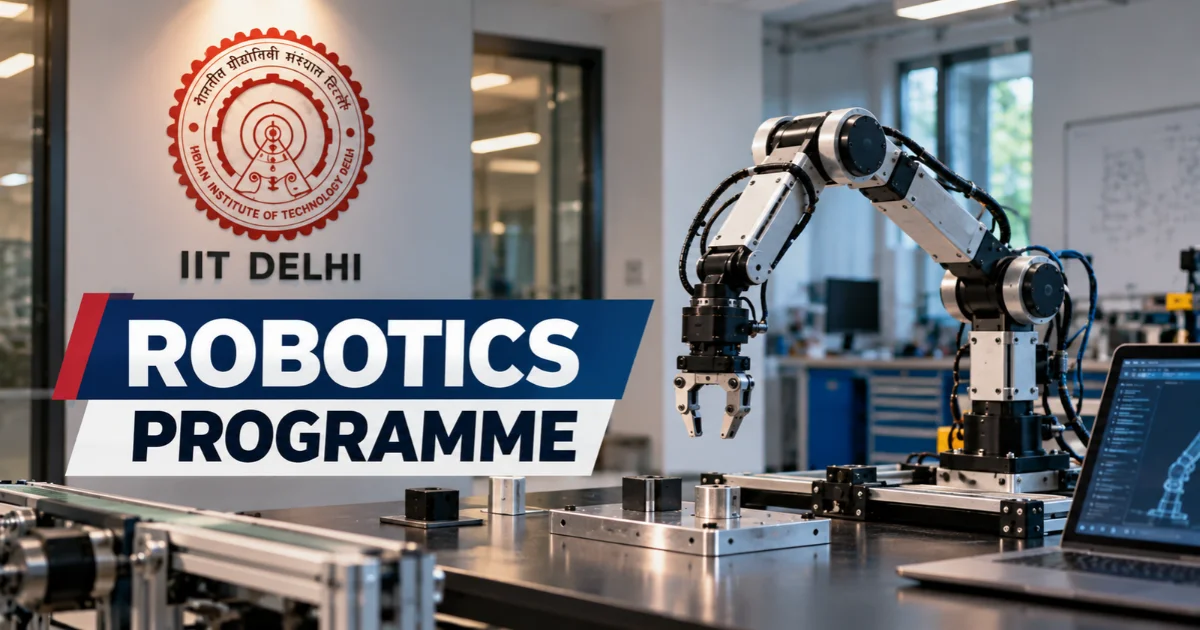 IIT Delhi launches a robotics programme focused on AI and robot control, featuring an industrial robotic arm, precision engineering equipment, and a research laboratory.