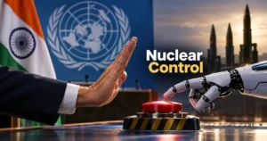 India urges the UN to keep human control over nuclear weapons decisions, with a robotic hand approaching a red button beside a human hand raised in warning.