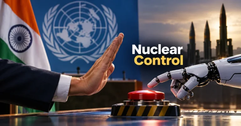 India urges the UN to keep human control over nuclear weapons decisions, with a robotic hand approaching a red button beside a human hand raised in warning.