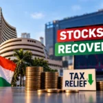 Indian stock market outlook amid tax relief, with the Bombay Stock Exchange building, Indian flag, stacked coins, and falling stock chart.
