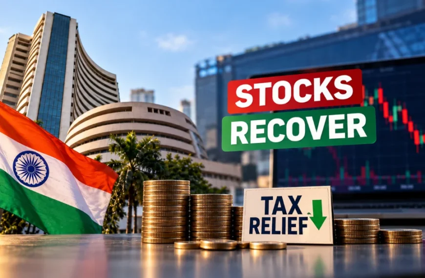 Indian stock market outlook amid tax relief, with the Bombay Stock Exchange building, Indian flag, stacked coins, and falling stock chart.