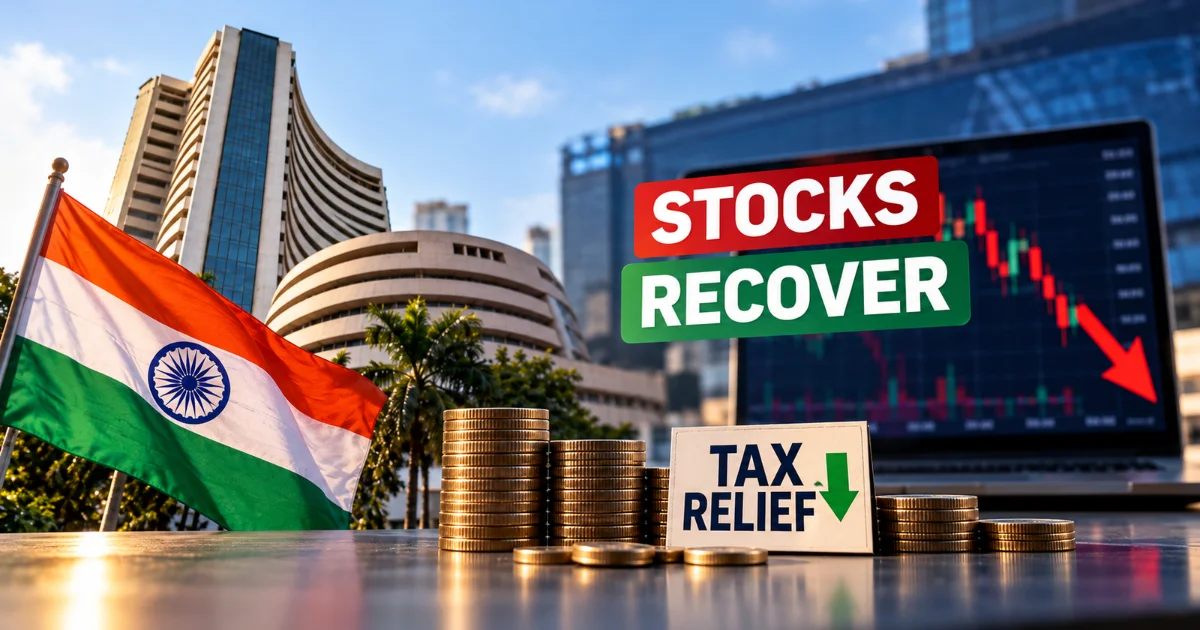 Indian stock market outlook amid tax relief, with the Bombay Stock Exchange building, Indian flag, stacked coins, and falling stock chart.