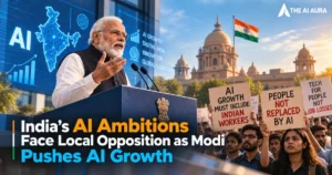 Narendra Modi addresses India’s AI growth ambitions as protesters demand AI development that protects Indian workers from job losses.