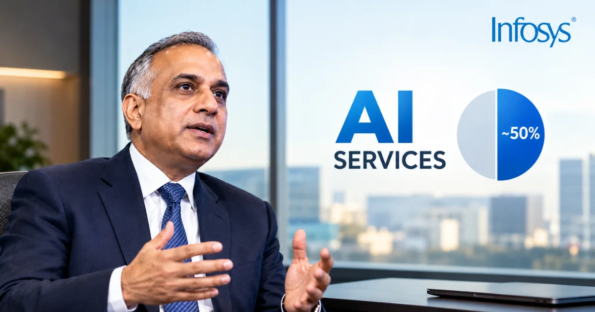 Infosys AI services growth highlighted by a business executive, with a graphic showing approximately 50% and a modern corporate office background.