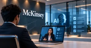 McKinsey introduces an AI interview round for entry-level hiring, featuring a candidate facing a virtual interview on a laptop with AI assessment tools and evaluation checklists.