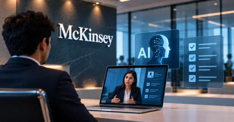 McKinsey introduces an AI interview round for entry-level hiring, featuring a candidate facing a virtual interview on a laptop with AI assessment tools and evaluation checklists.