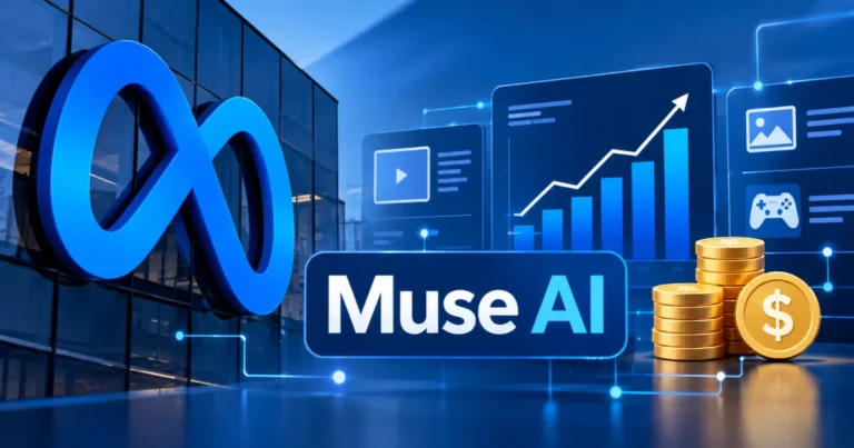 Meta launches Muse AI, outlining its growth potential, content platforms, rising performance chart, and monetization opportunities.