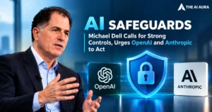 Michael Dell calls for stronger AI safeguards and controls, highlighting OpenAI, Anthropic, and a digital shield symbolizing AI security.