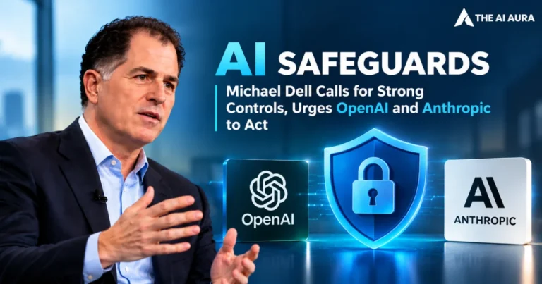 Michael Dell calls for stronger AI safeguards and controls, highlighting OpenAI, Anthropic, and a digital shield symbolizing AI security.