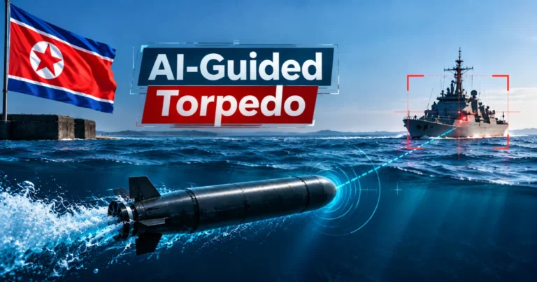 North Korea’s AI-guided torpedo test featuring a North Korean flag, an underwater torpedo with target-tracking technology, and a naval warship marked by a digital targeting system.