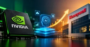Nvidia-backed AI platform could impact Honeywell stock, featuring Nvidia technology, Honeywell headquarters, an AI chip illustration, and an upward financial growth arrow.