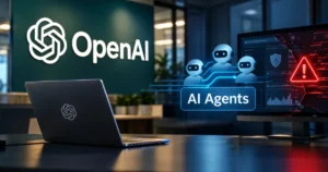 OpenAI AI agents connected to a cybersecurity monitoring system displaying a critical security warning.