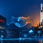 Tech Mahindra and SpaceXSI partnership advances AI-powered software development with a digital handshake, rocket launch facility, and coding technology.