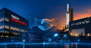 Tech Mahindra and SpaceXSI partnership advances AI-powered software development with a digital handshake, rocket launch facility, and coding technology.