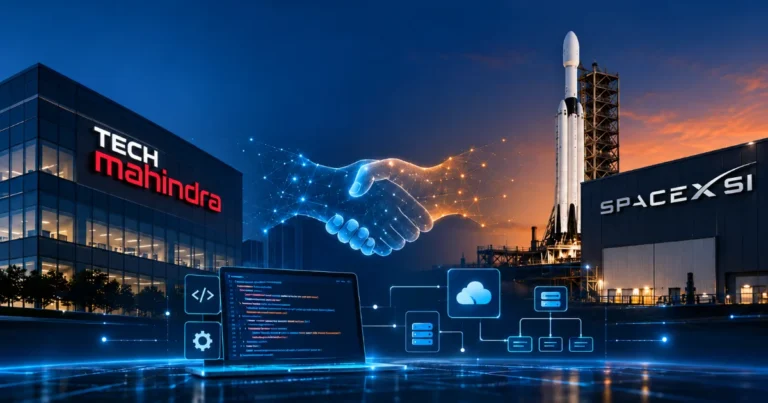 Tech Mahindra and SpaceXSI partnership advances AI-powered software development with a digital handshake, rocket launch facility, and coding technology.