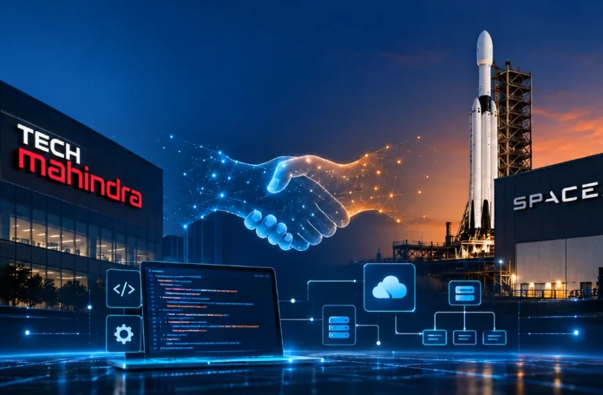 Tech Mahindra and SpaceXSI partnership advances AI-powered software development with a digital handshake, rocket launch facility, and coding technology.