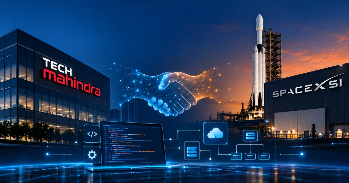 Tech Mahindra and SpaceXSI partnership advances AI-powered software development with a digital handshake, rocket launch facility, and coding technology.