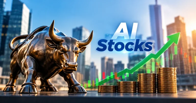 AI stocks rally as investors return to the market, featuring a bronze bull, rising green stock chart, stacked coins, and a modern financial district skyline.