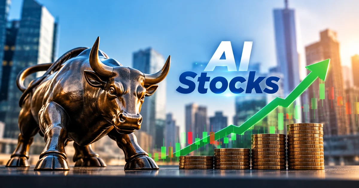 AI stocks rally as investors return to the market, featuring a bronze bull, rising green stock chart, stacked coins, and a modern financial district skyline.