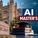 The University of Chicago announces an AI-focused master’s programme starting in 2027, featuring university buildings, graduation cap, books, and AI research technology.