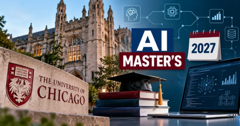 The University of Chicago announces an AI-focused master’s programme starting in 2027, featuring university buildings, graduation cap, books, and AI research technology.