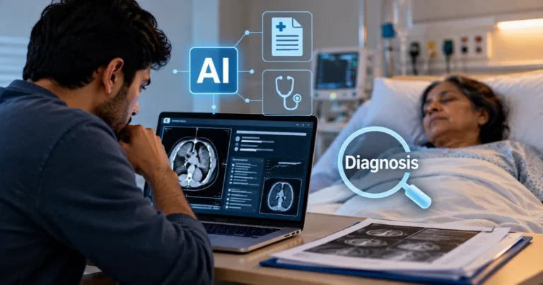 AI Helps Diagnose Mysterious Illness: A technical healthcare banner showing a son using AI-powered medical imaging and diagnostic tools to investigate his hospitalized mother's unexplained condition.