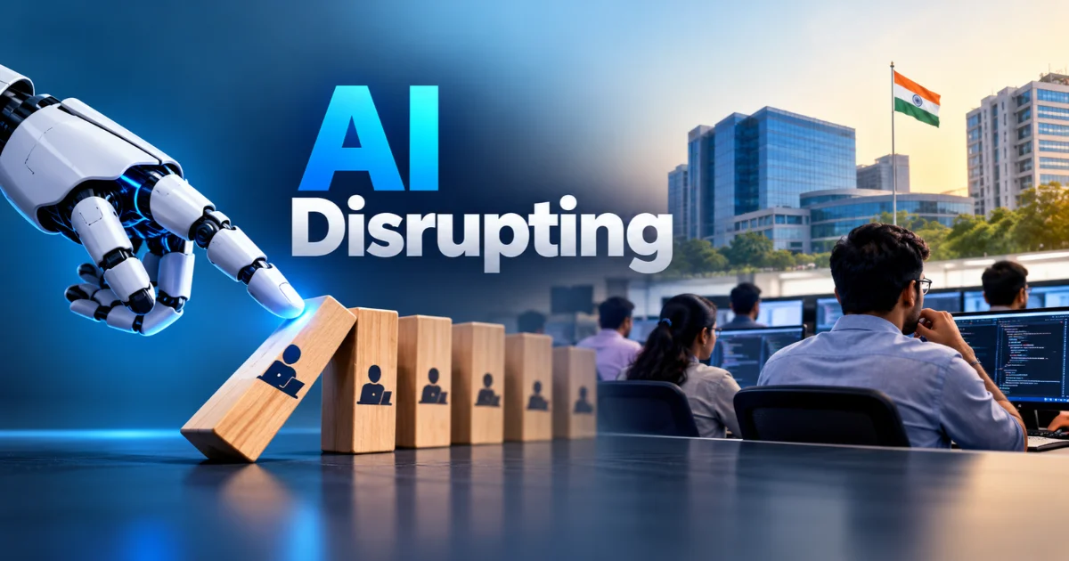 AI Disrupting India’s IT Industry: A technical editorial banner showing robotic automation, falling dominoes representing traditional IT jobs, and Indian software engineers working at computer stations, highlighting how AI is reshaping India’s IT services and billable-hours business model.