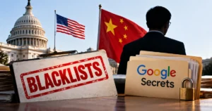 This banner illustrates the US blacklisting a Chinese AI investment firm founded by a former Microsoft scientist over an alleged Google secrets case, using US–China flags, the US Capitol, confidential Google documents, and a prominent blacklist stamp for a geopolitical technology-news visual.