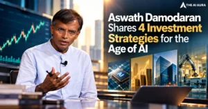 Aswath Damodaran shares four investment strategies for the age of AI, with visuals representing AI technology, financial growth, real estate, and industrial automation.
